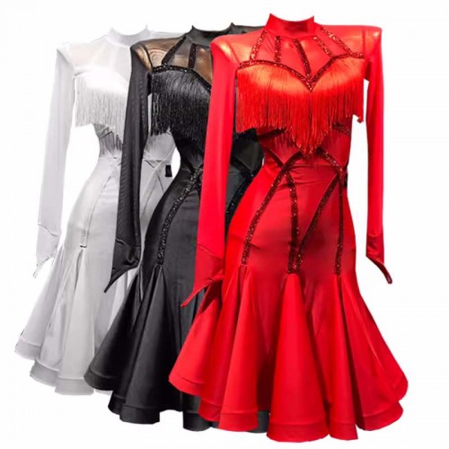 Black red fringe latin dance dresses for women girls tutle neck long sleeves mesh patchwork shiny salsa rumba chacha ballroom flamenco dance skirts for female